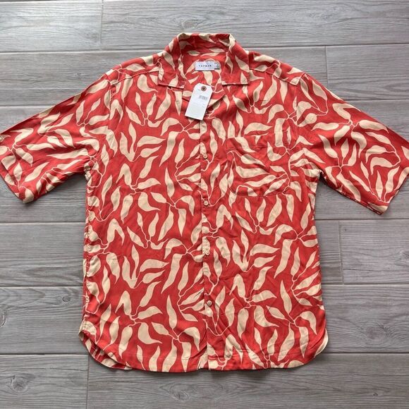 Topman Men's Orange tropical Leaves Print Short Sleeve Button Down Shirt Size Sm - Picture 1 of 8